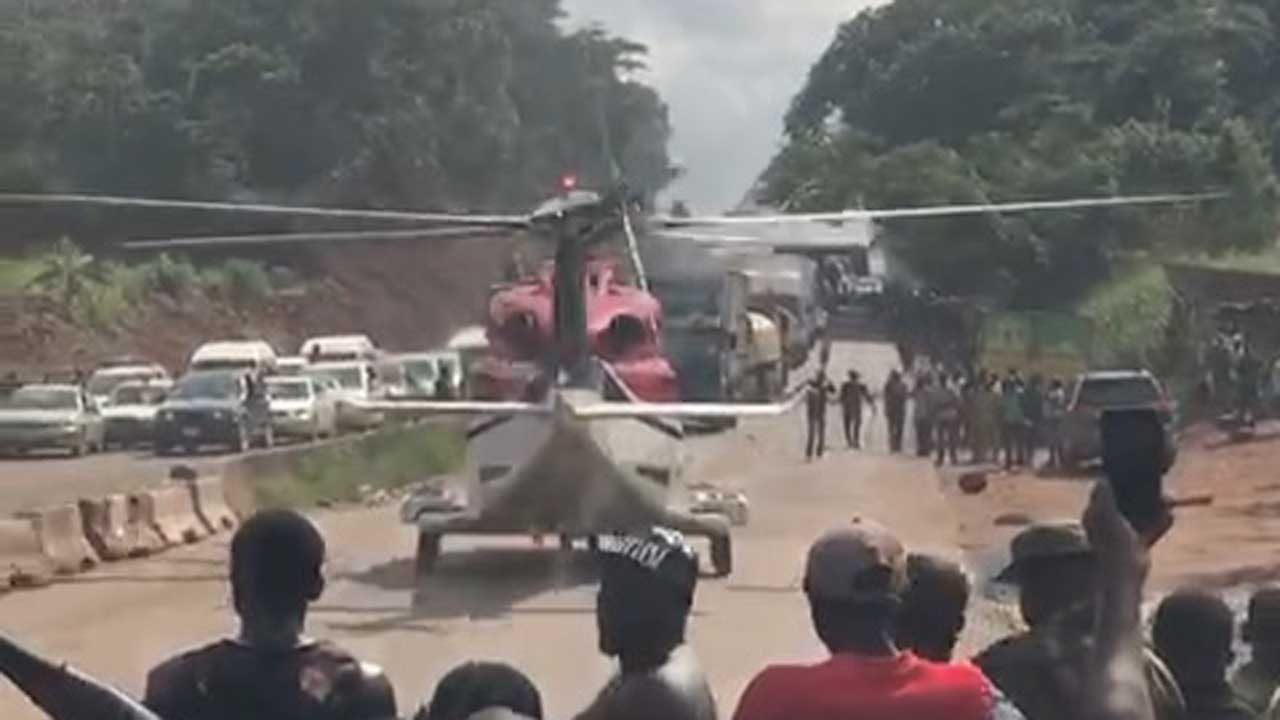 Helicopter lands on Benin Ore Rd